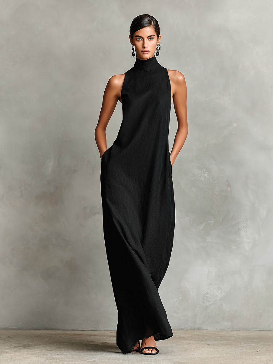 Bianca | Abito lungo nero in lino misto da donna con collo alto e tasche laterali, vestito casual minimalista intramontabile