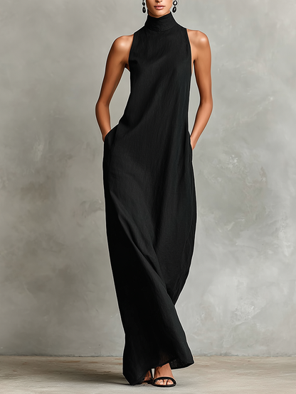 Bianca | Abito lungo nero in lino misto da donna con collo alto e tasche laterali, vestito casual minimalista intramontabile