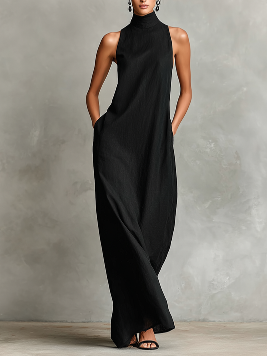 Bianca | Abito lungo nero in lino misto da donna con collo alto e tasche laterali, vestito casual minimalista intramontabile