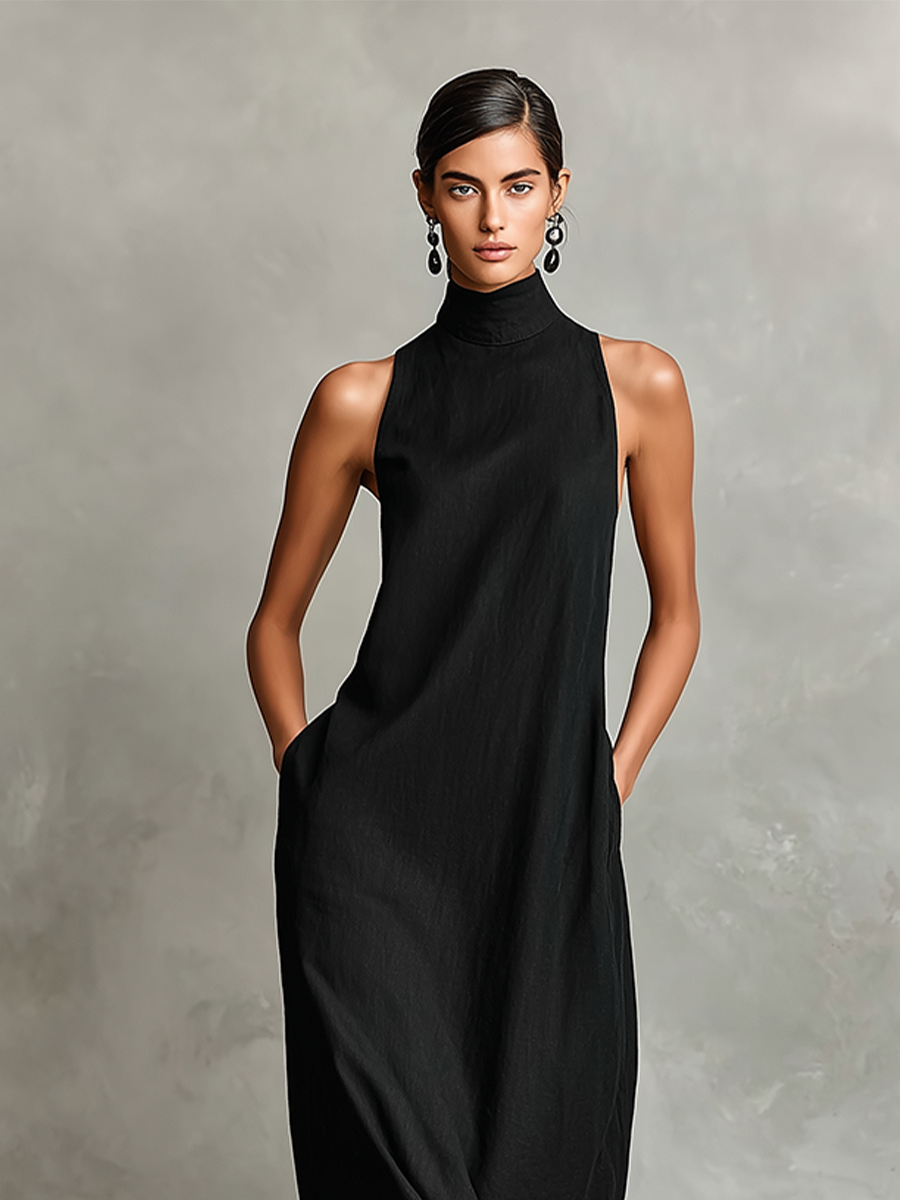 Bianca | Abito lungo nero in lino misto da donna con collo alto e tasche laterali, vestito casual minimalista intramontabile