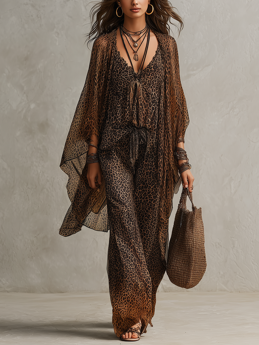 Raffaella | Set da tre pezzi vestaglia bohemiana a gradiente con stampa leopardata e taglio fluente