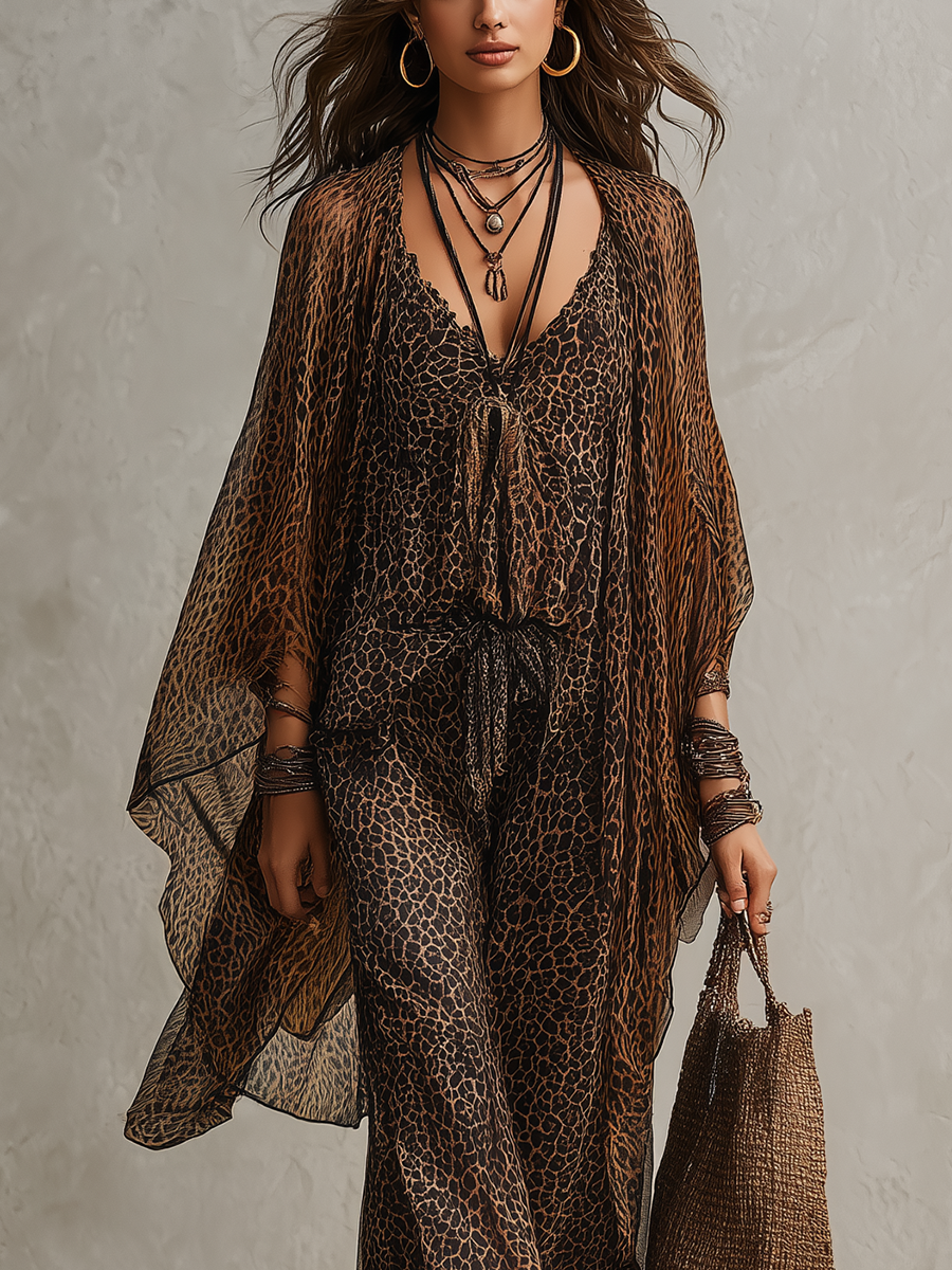 Raffaella | Set da tre pezzi vestaglia bohemiana a gradiente con stampa leopardata e taglio fluente