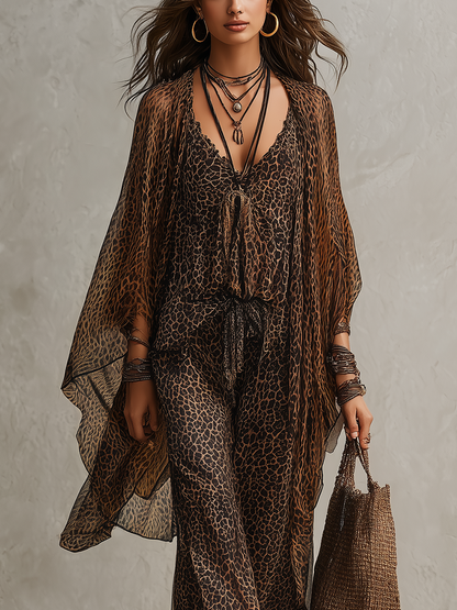 Raffaella | Set da tre pezzi vestaglia bohemiana a gradiente con stampa leopardata e taglio fluente