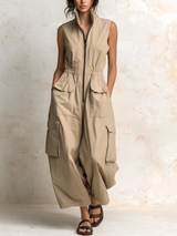 Manuela | Mono sin mangas en twill de algodón beige con bolsillos cargo