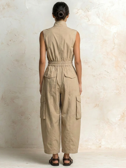 Manuela | Mono sin mangas en twill de algodón beige con bolsillos cargo