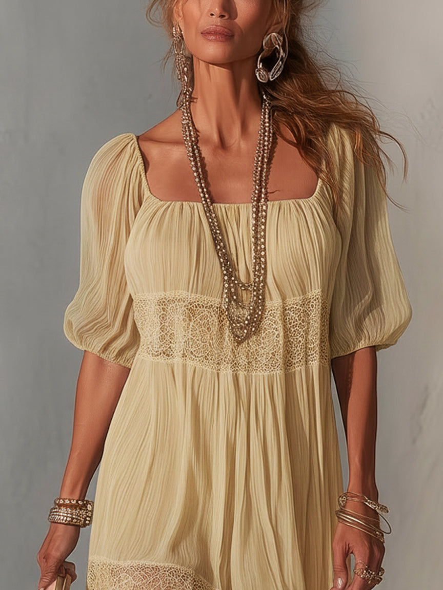 Lorena | Vestito midi blu in pizzo plissettato