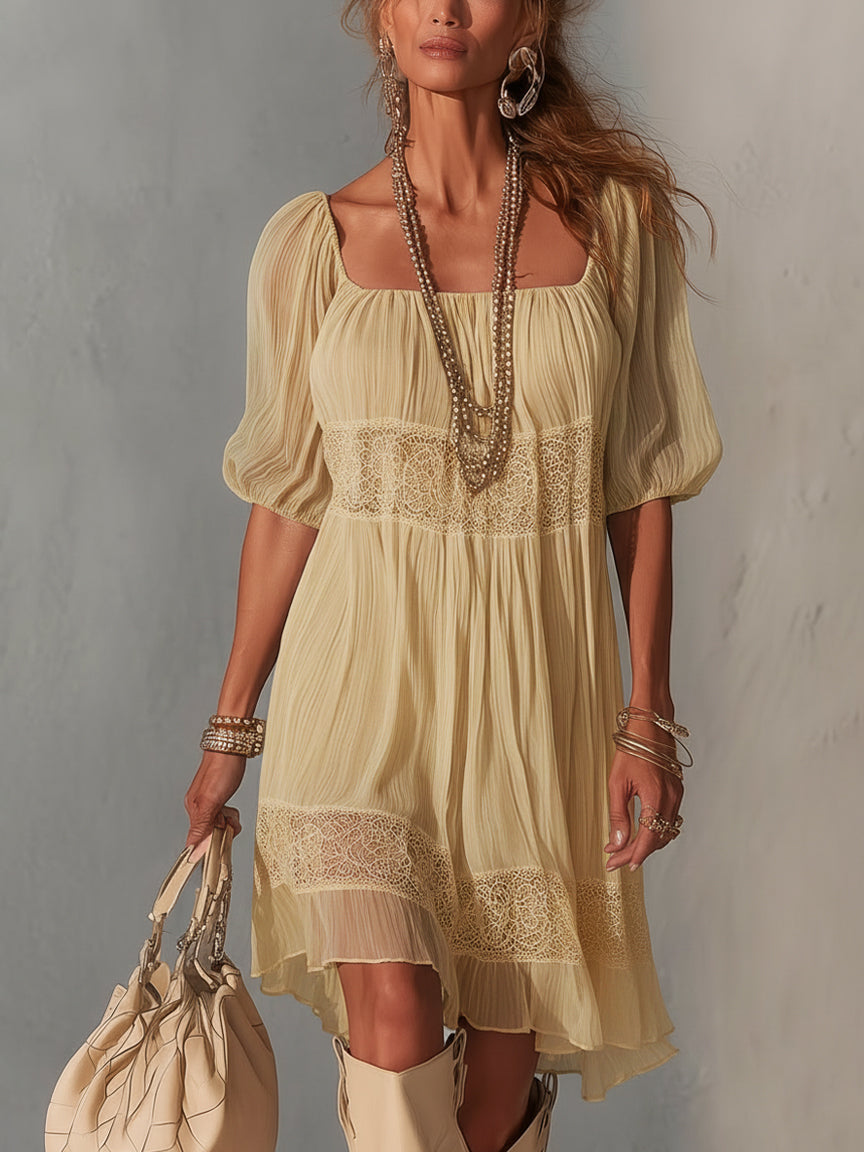 Lorena | Vestito midi blu in pizzo plissettato