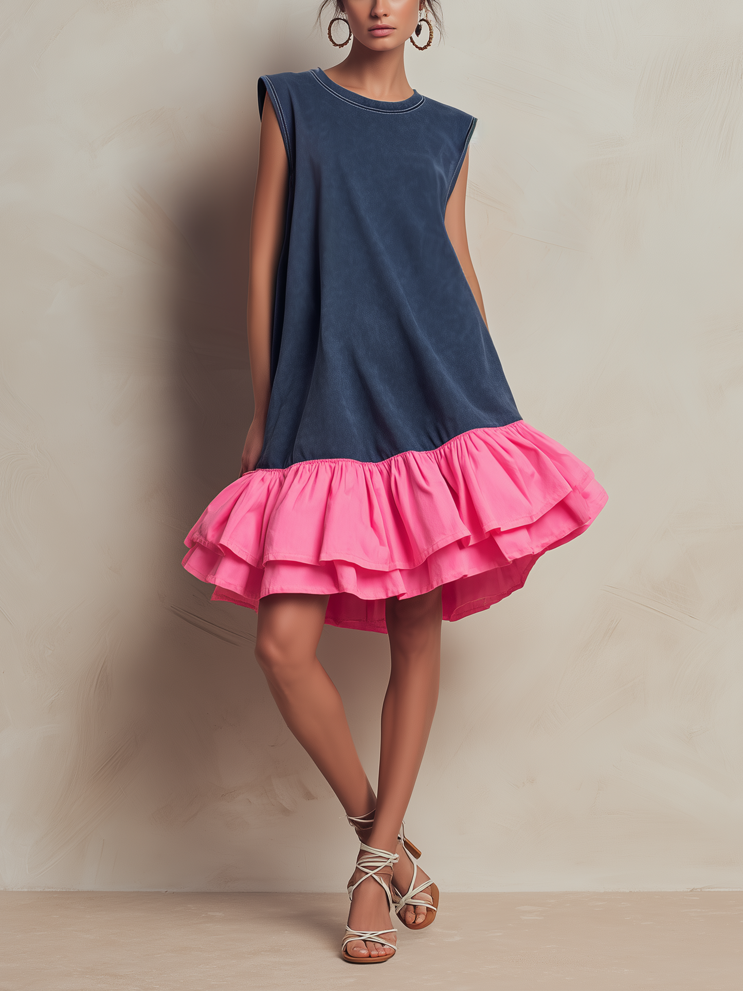 Vanessa | Abito mini a linea dritta in terry francese lavato, senza maniche, con balze a più livelli sull’orlo e contrasto di colore rosa shocking, casual e comodo