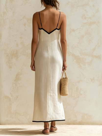 Simona - Abito lungo in lino stile slip con bordi a contrasto a motivo chevron