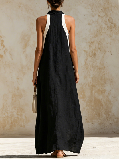 Marta | Vestido maxi de lino con bloques de color negro y blanco y cuello halter