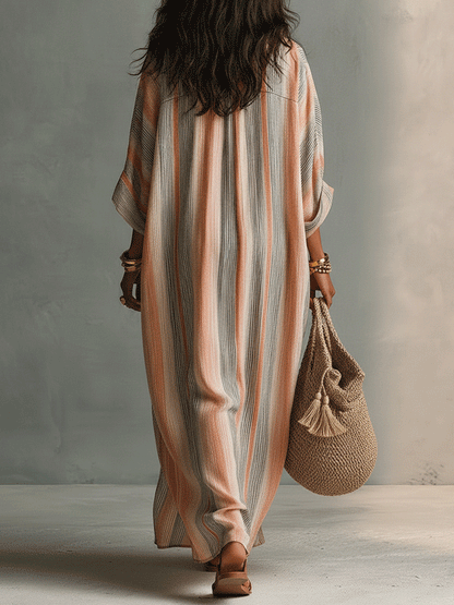 Yolanda | Vestido maxi de playa a rayas, casual y holgado, con escote en V