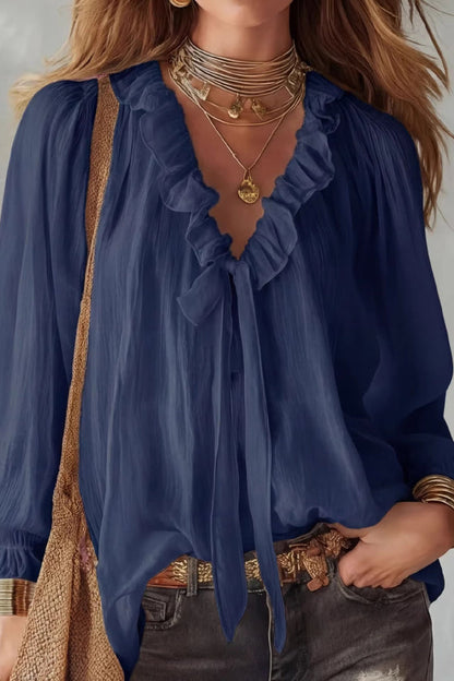 Top in camicia a maniche lunghe con scollo a V e nastro da legare, taglio largo