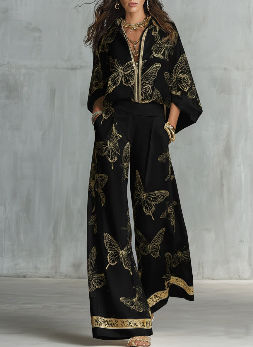 Ariadna | Completo due pezzi casual ed elegante con stampa di farfalle dorate