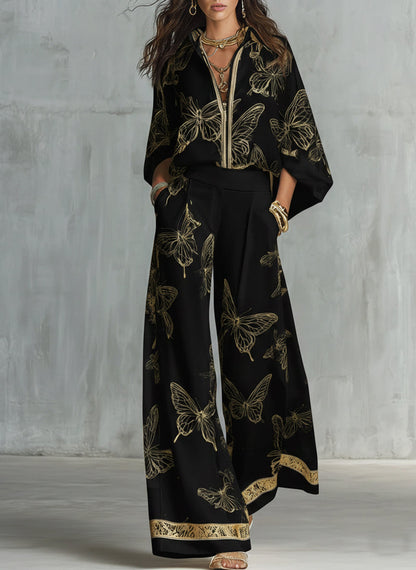 Ariadna | Completo due pezzi casual ed elegante con stampa di farfalle dorate