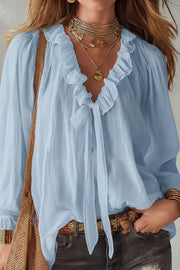 Top in camicia a maniche lunghe con scollo a V e nastro da legare, taglio largo