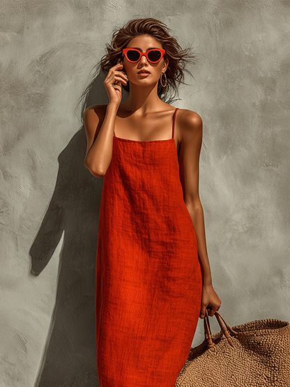Loren | Abito rosso in cotone da donna con spalline sottili e scollo quadrato, stile boho-resort intramontabile