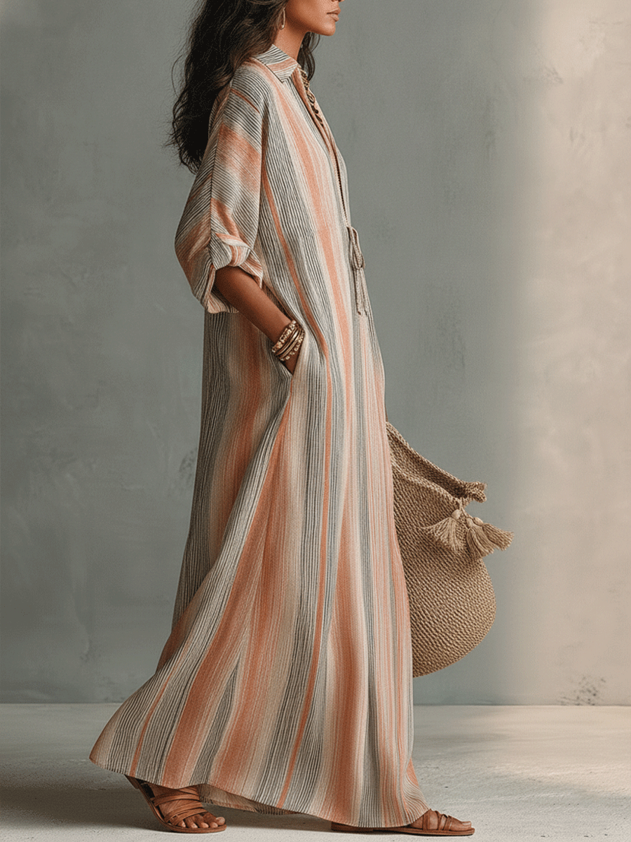 Yolanda | Vestido maxi de playa a rayas, casual y holgado, con escote en V