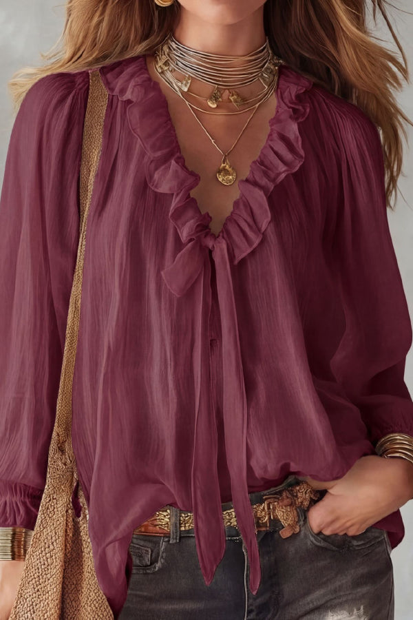 Top in camicia a maniche lunghe con scollo a V e nastro da legare, taglio largo