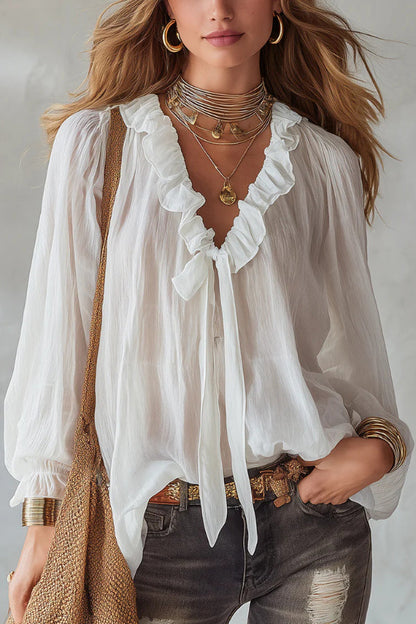 Top in camicia a maniche lunghe con scollo a V e nastro da legare, taglio largo