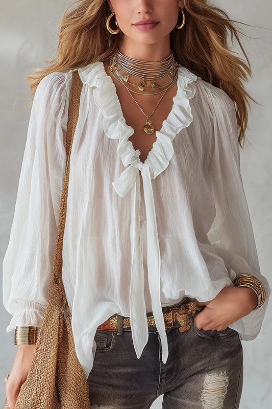 Top in camicia a maniche lunghe con scollo a V e nastro da legare, taglio largo