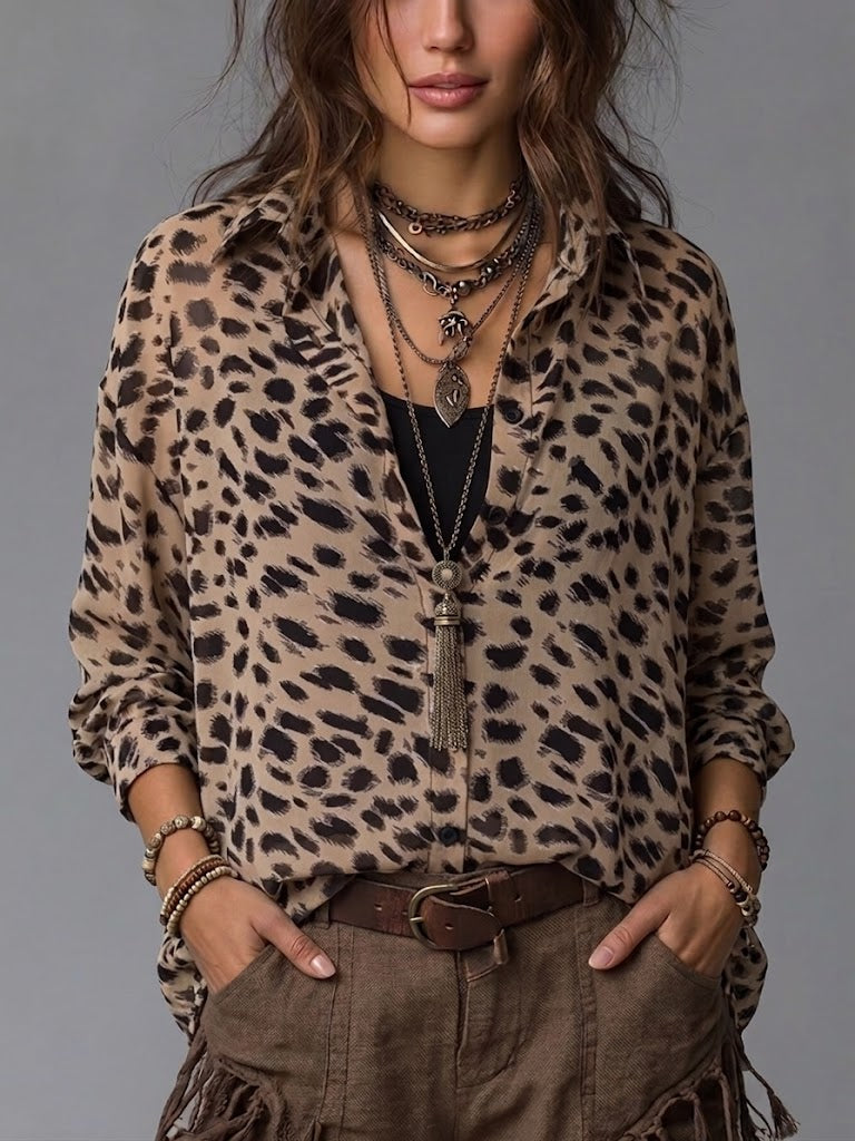 Camicia leopardata comoda e casual a due pezzi finta