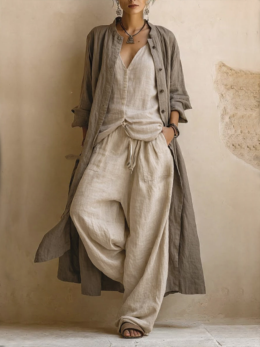 Carmen | Conjunto casual de tres piezas en lino y algodón: cárdigan largo, top sin mangas y pantalones de estilo bohemio