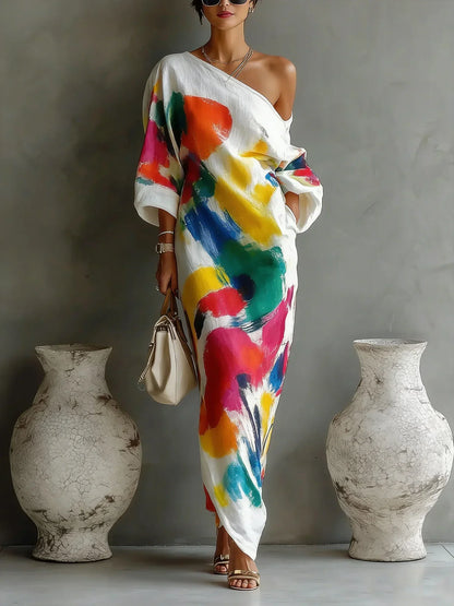 Gabriella | Vestito lungo da donna a una spalla con stampa artistica