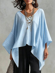 Top da donna in cotone-lino con scollo a V, maniche 3/4, taglio ampio e informale