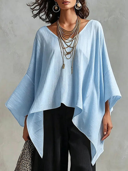 Top da donna in cotone-lino con scollo a V, maniche 3/4, taglio ampio e informale