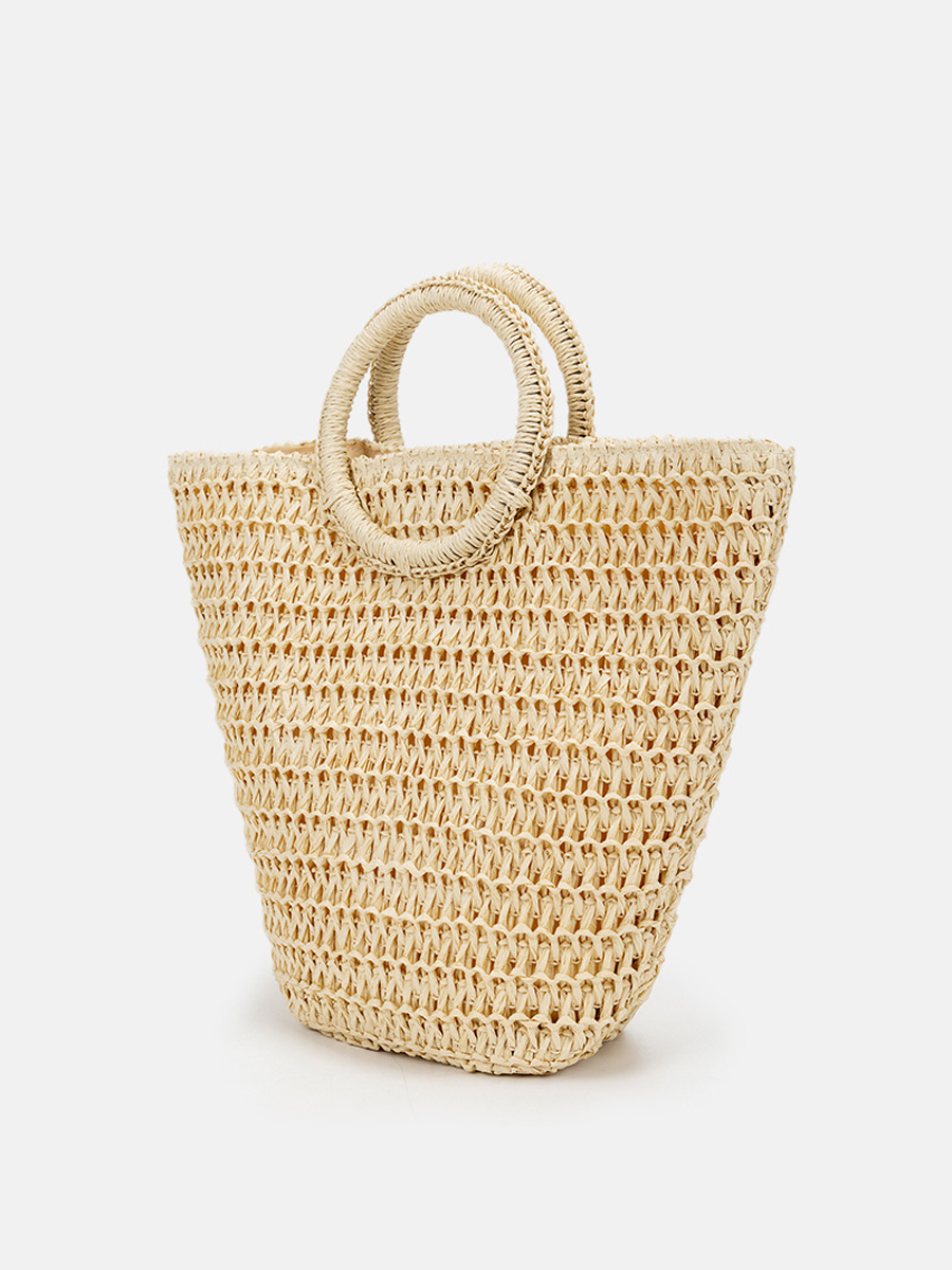 Borsa a spalla da donna in paglia intrecciata, colore bianco avorio, grande capacità, tessuta