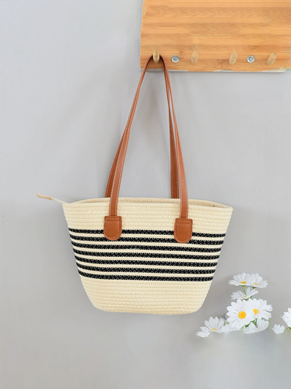 Borsa di paglia intrecciata versatile a tracolla singola, di grande capacità, per vacanze al mare e in spiaggia