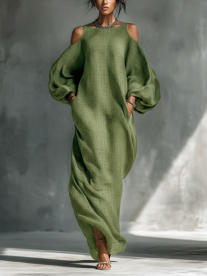 Aida | Vestito lungo verde chiaro da donna con spalle scoperte, maniche a sbuffo oversize e tasche laterali