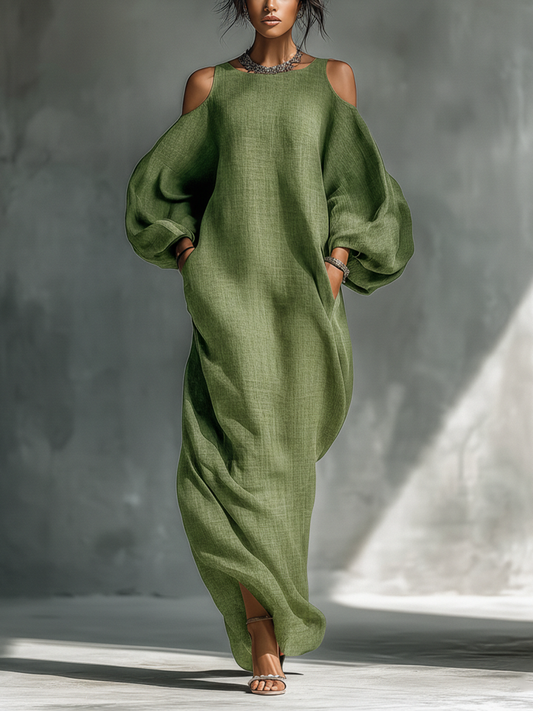 Aida | Vestito lungo verde chiaro da donna con spalle scoperte, maniche a sbuffo oversize e tasche laterali