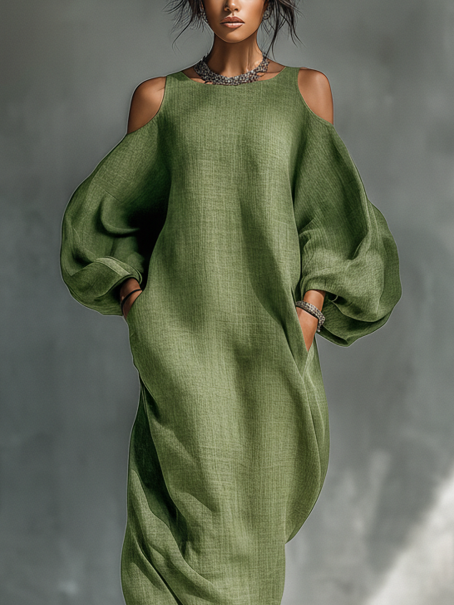 Aida | Vestito lungo verde chiaro da donna con spalle scoperte, maniche a sbuffo oversize e tasche laterali