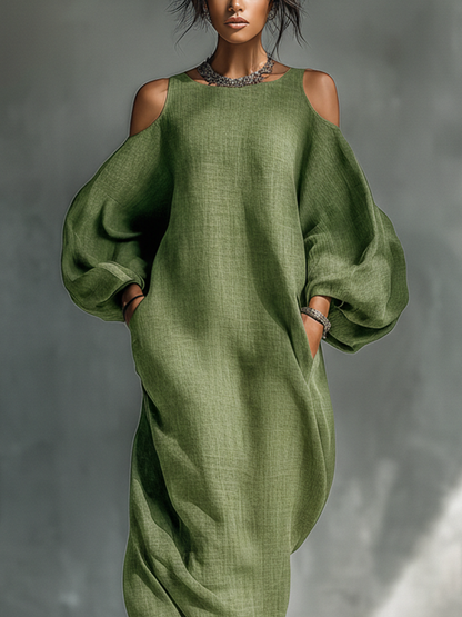 Aida | Vestito lungo verde chiaro da donna con spalle scoperte, maniche a sbuffo oversize e tasche laterali