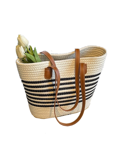 Borsa di paglia intrecciata versatile a tracolla singola, di grande capacità, per vacanze al mare e in spiaggia