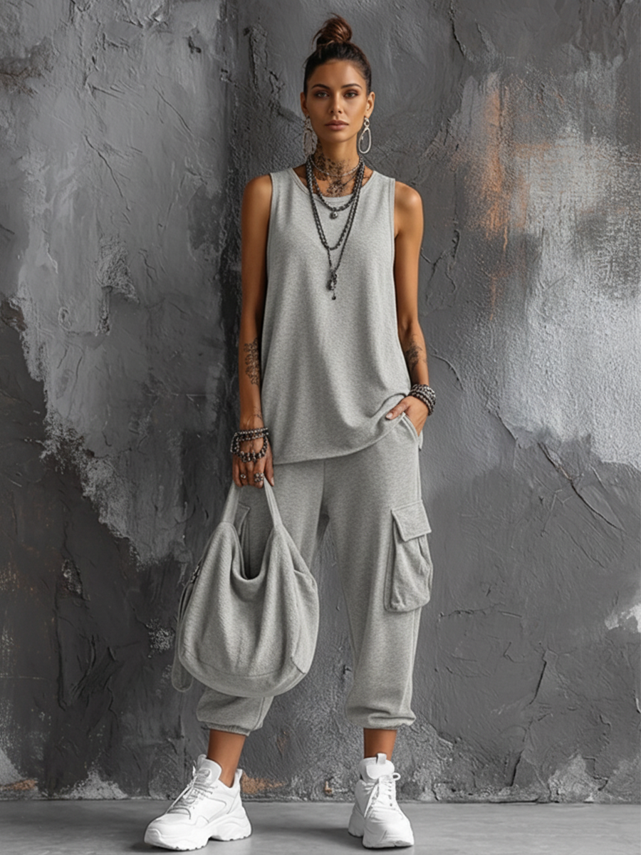 Ottavia | Donna Top senza maniche in cotone misto grigio scuro, stile casual + Pantaloni cargo jogger