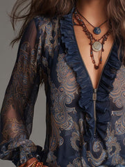 Camicetta in chiffon blu navy con volant, fantasia paisley barocco e zip