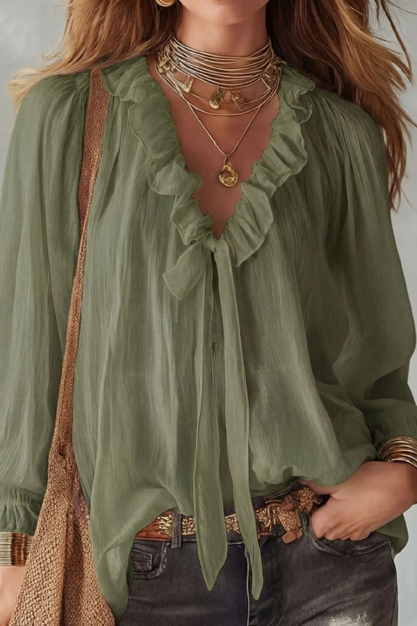 Top in camicia a maniche lunghe con scollo a V e nastro da legare, taglio largo
