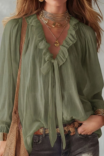 Top in camicia a maniche lunghe con scollo a V e nastro da legare, taglio largo