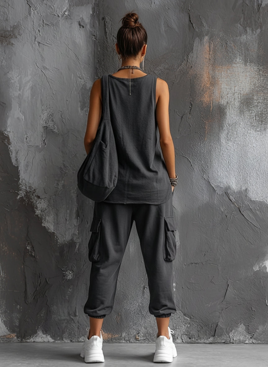 Ottavia | Donna Top senza maniche in cotone misto grigio scuro, stile casual + Pantaloni cargo jogger