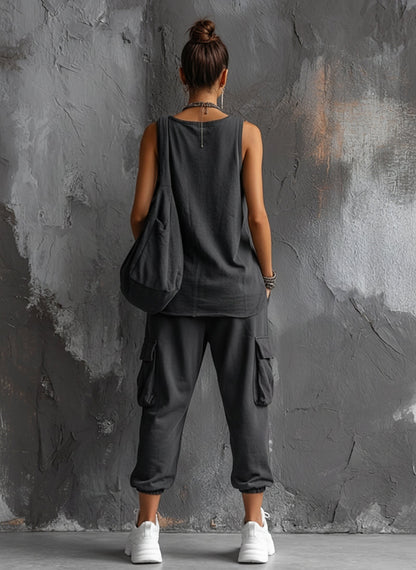 Ottavia | Donna Top senza maniche in cotone misto grigio scuro, stile casual + Pantaloni cargo jogger