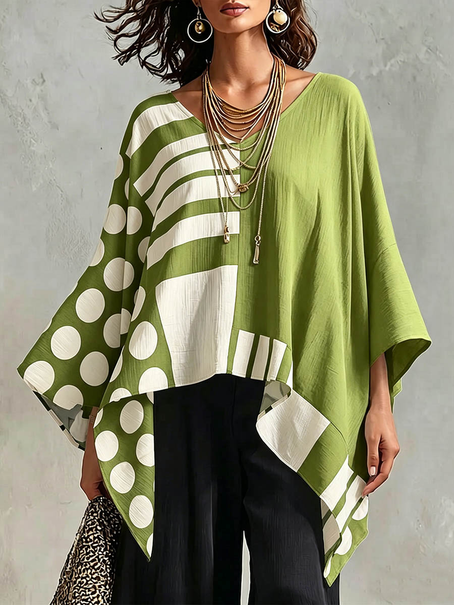Top da donna in cotone-lino con stampa a pois e geometrica, scollo a V, maniche 3/4, informale e comodo