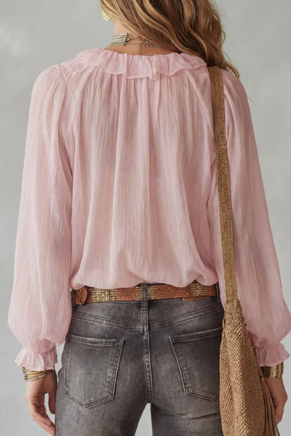 Top in camicia a maniche lunghe con scollo a V e nastro da legare, taglio largo