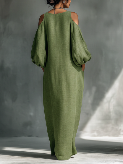 Aida | Vestito lungo verde chiaro da donna con spalle scoperte, maniche a sbuffo oversize e tasche laterali