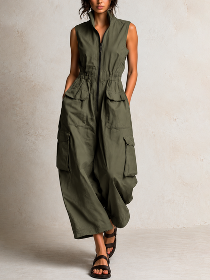 Manuela | Mono sin mangas en twill de algodón beige con bolsillos cargo