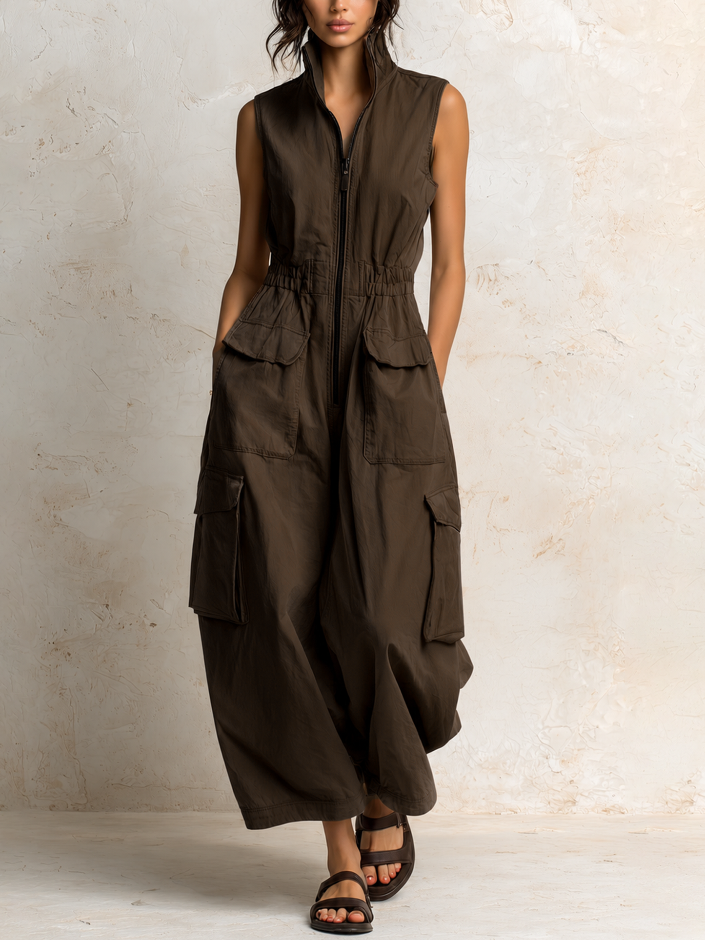 Manuela | Mono sin mangas en twill de algodón beige con bolsillos cargo