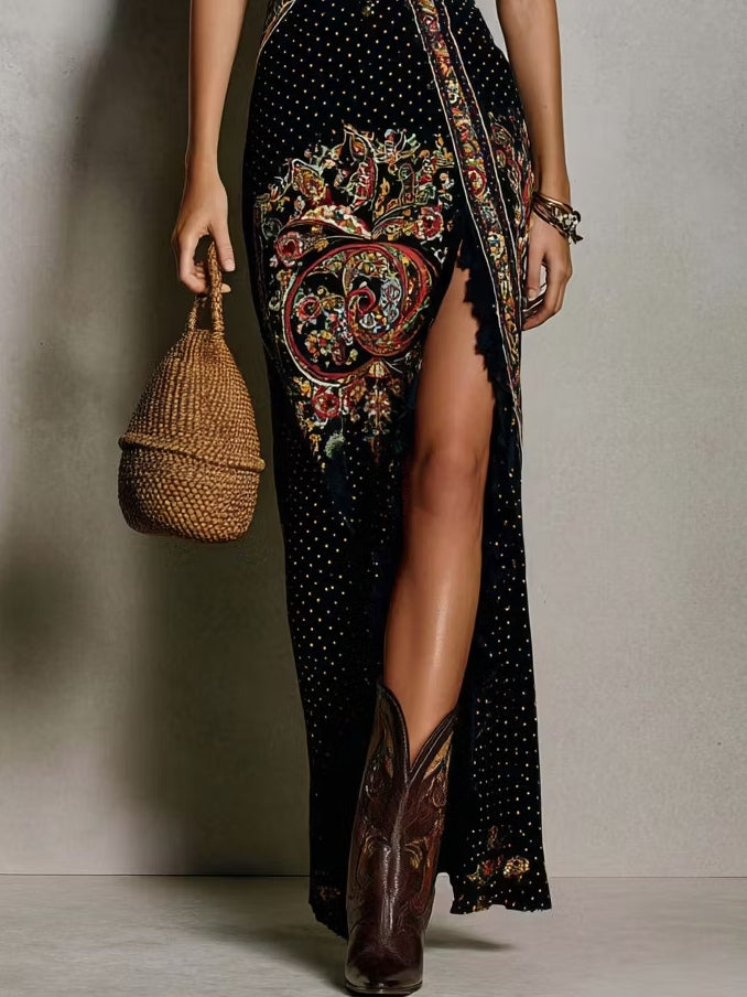 Romina | Vestito stampato in stile bohemien con scollo a V profondo e spacco alto