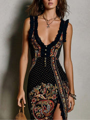 Romina | Vestito stampato in stile bohemien con scollo a V profondo e spacco alto