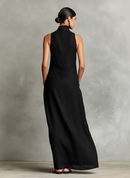 Bianca | Abito lungo nero in lino misto da donna con collo alto e tasche laterali, vestito casual minimalista intramontabile